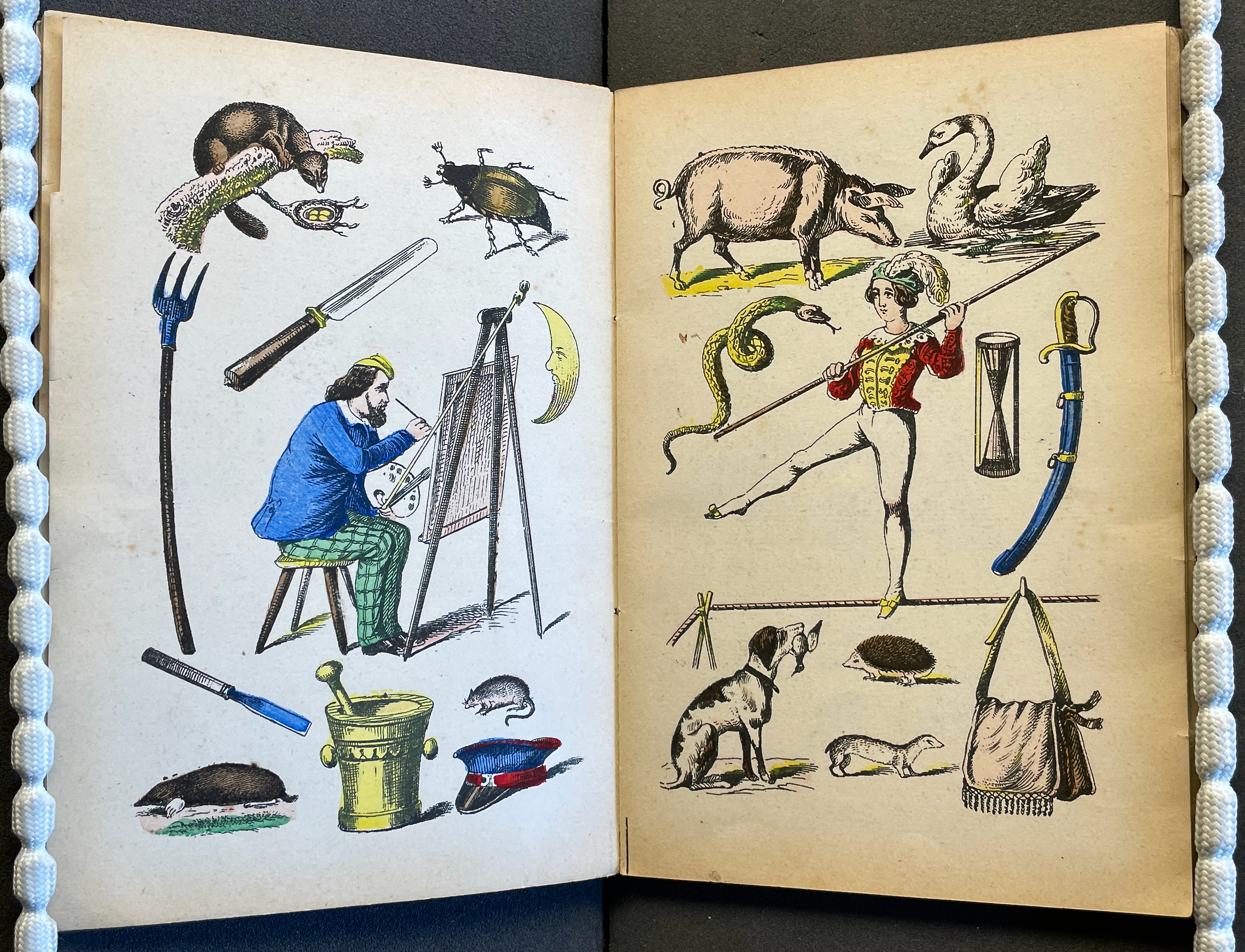 An illustration page featuring various colorful drawings including a man painting, animals like a pig, swan, and a cat, as well as tools and objects like a fork, knife, and bag.